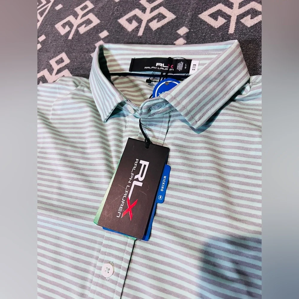 Ralph Lauren Men's Golf Polo Shirt - Light green and gray Stripes men’s L